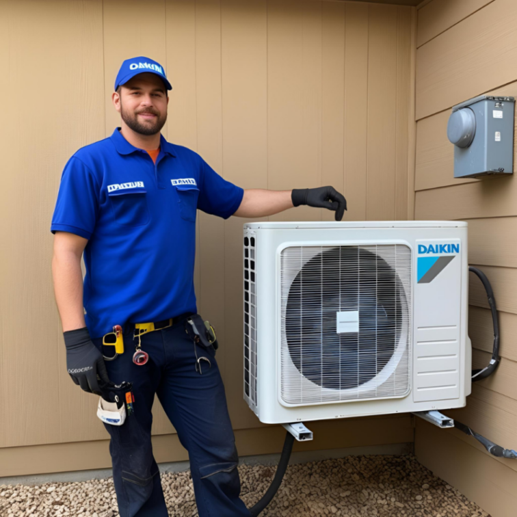 Technik firmy PanKlimatik po zakończonym montażu klimatyzatora DAIKIN przy domu jednorodzinnym w Nysie