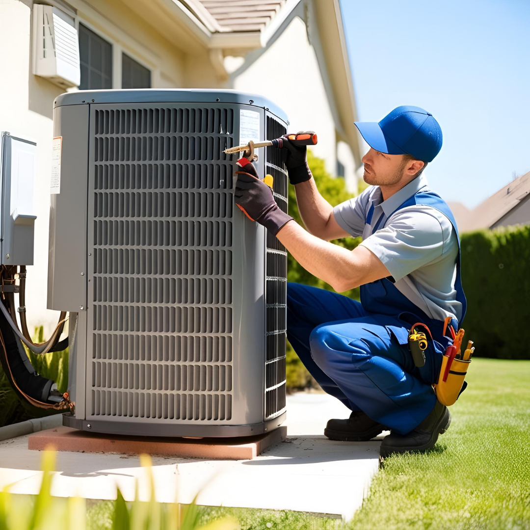 Technik montujący zewnętrzną jednostkę pompy ciepła przy domu jednorodzinnym w Brzegu w słoneczny dzień.